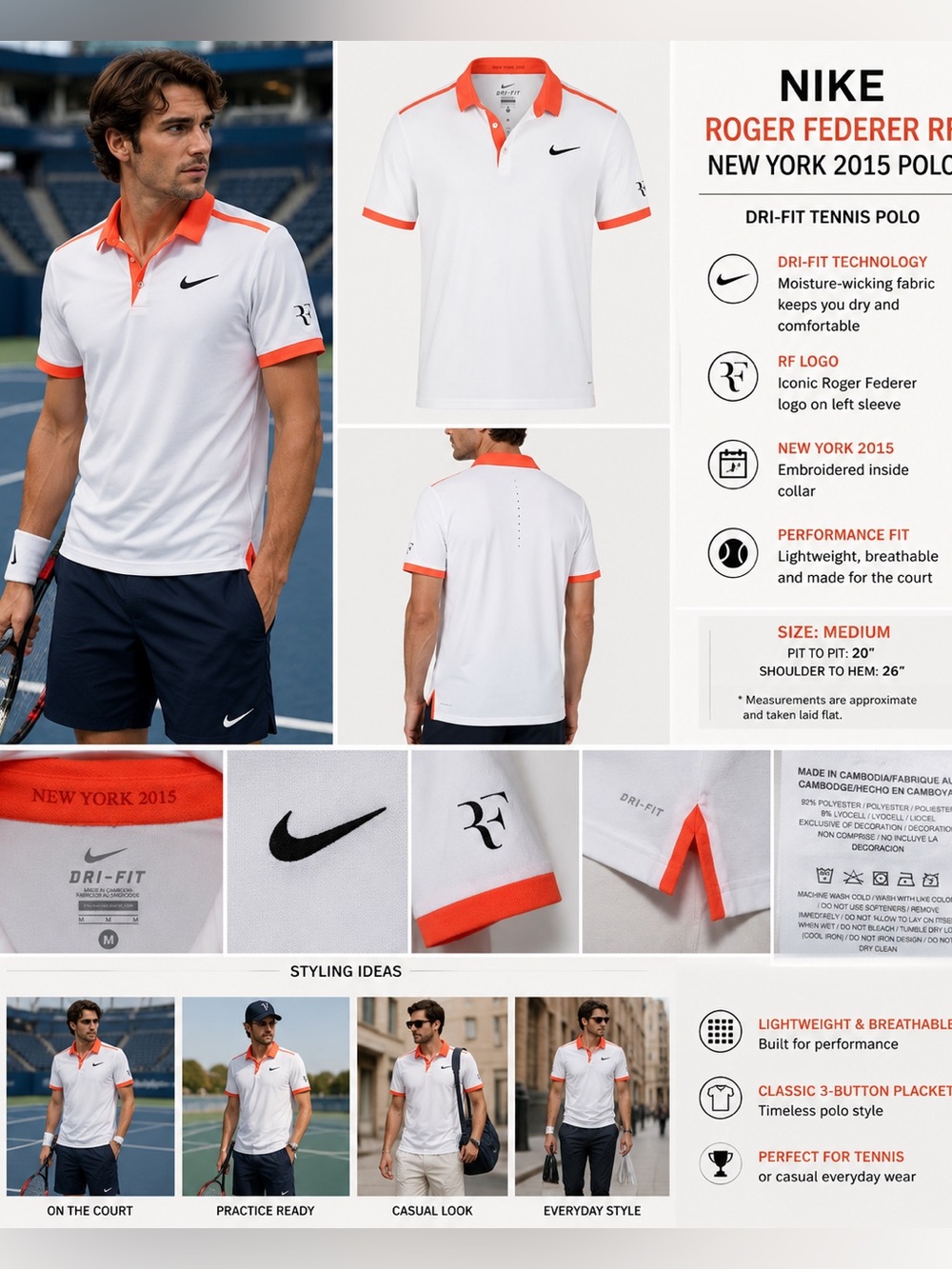 Nike Roger Federer RF New York 2015 Tennis Polo Shirt Men's Medium White Orange